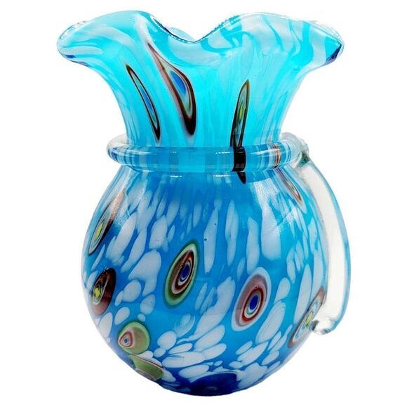 Vintage Murano Art Glass Sky Blue Millefiori Hand Blown Glass With Applied Bow - Picture 5 of 12